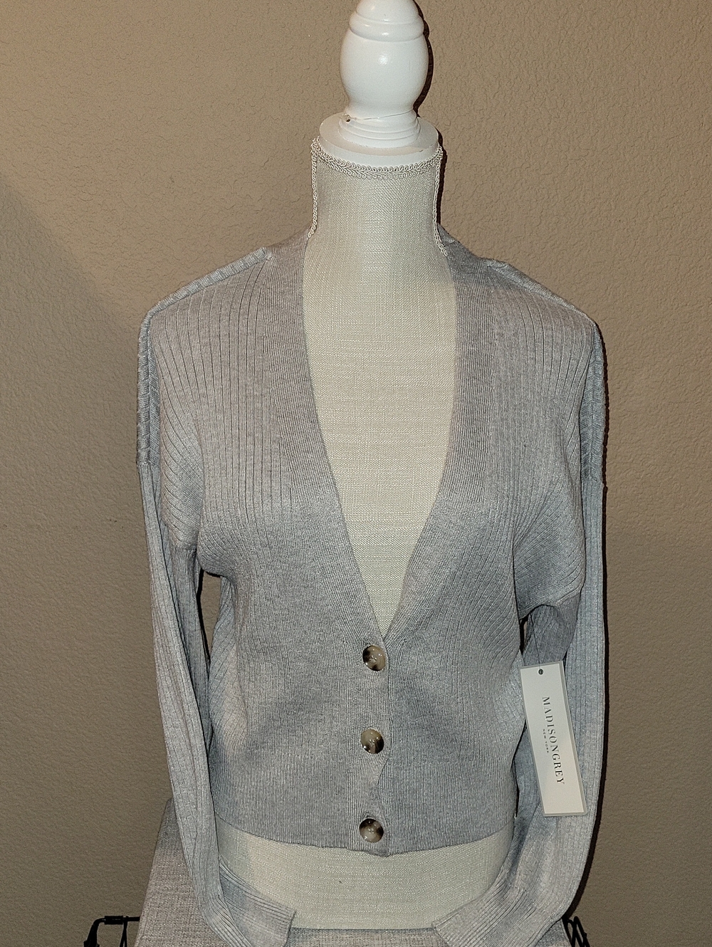Madison & Grey Ribbed-Shoulder V-Neck Button Cardigan